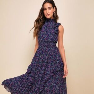 Lulus Evalina Navy Blue Floral Print Mock Neck Midi Dress